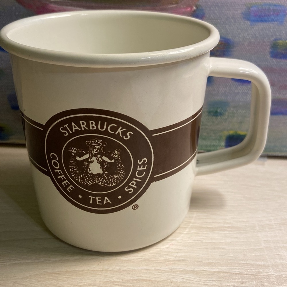 Starbucks White Ceramic Mug with Brown Logo Band